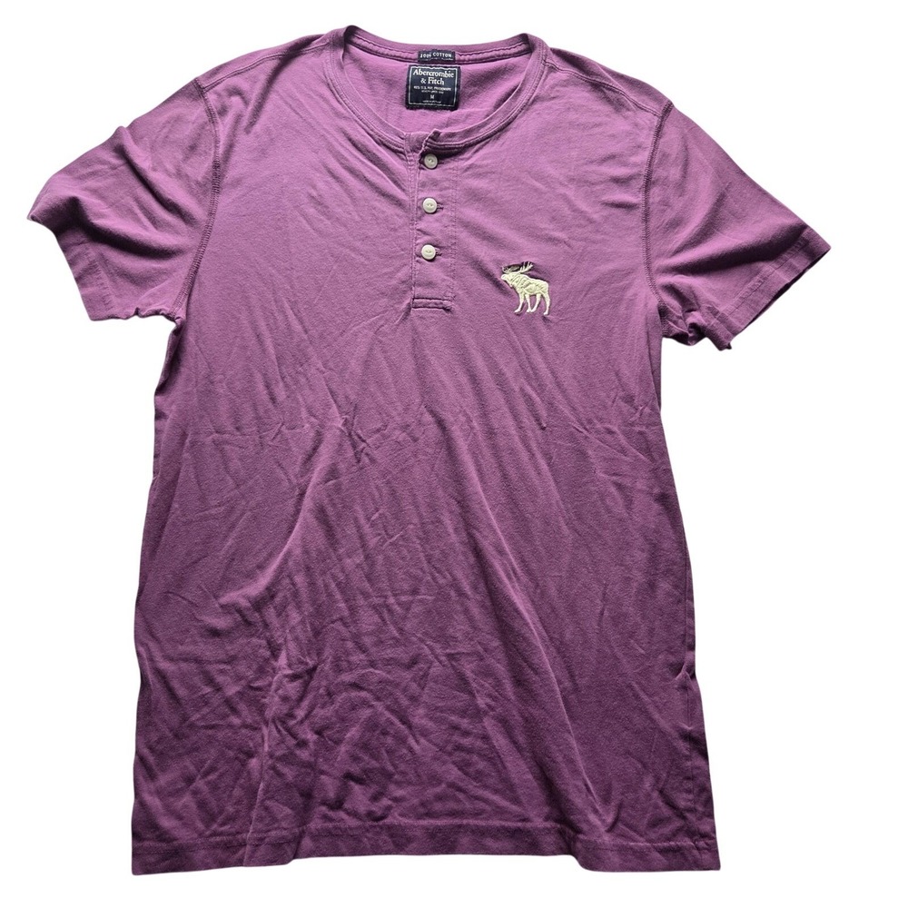 Abercrombie & Fitch Shirt Mens Medium Purple Henley Moose Logo Cotton Jersey Tee
